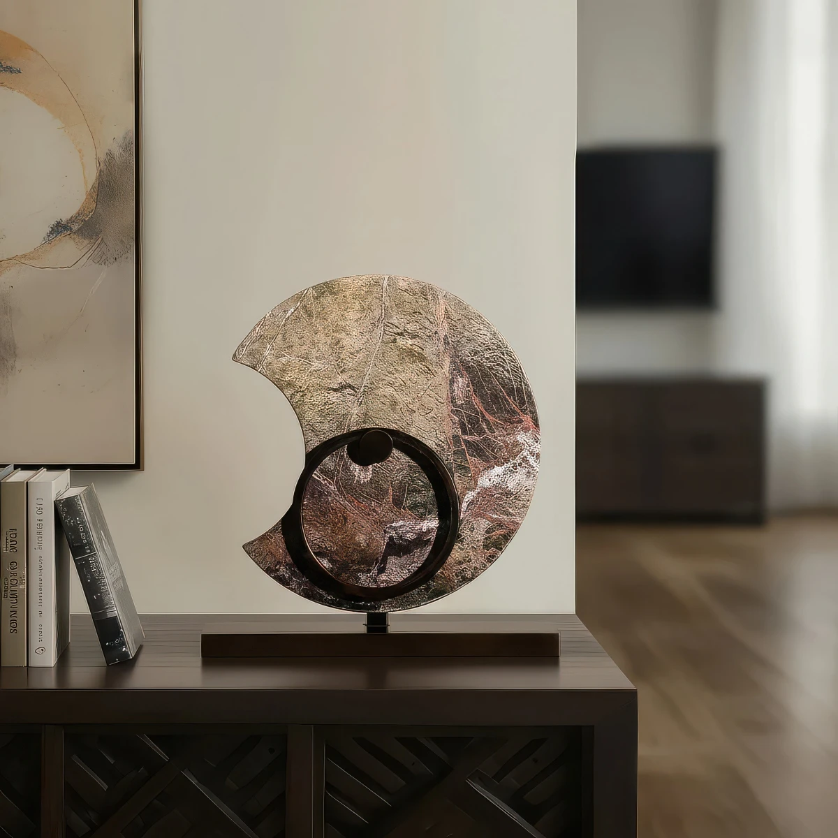 Crescent marble sculpture in a living room